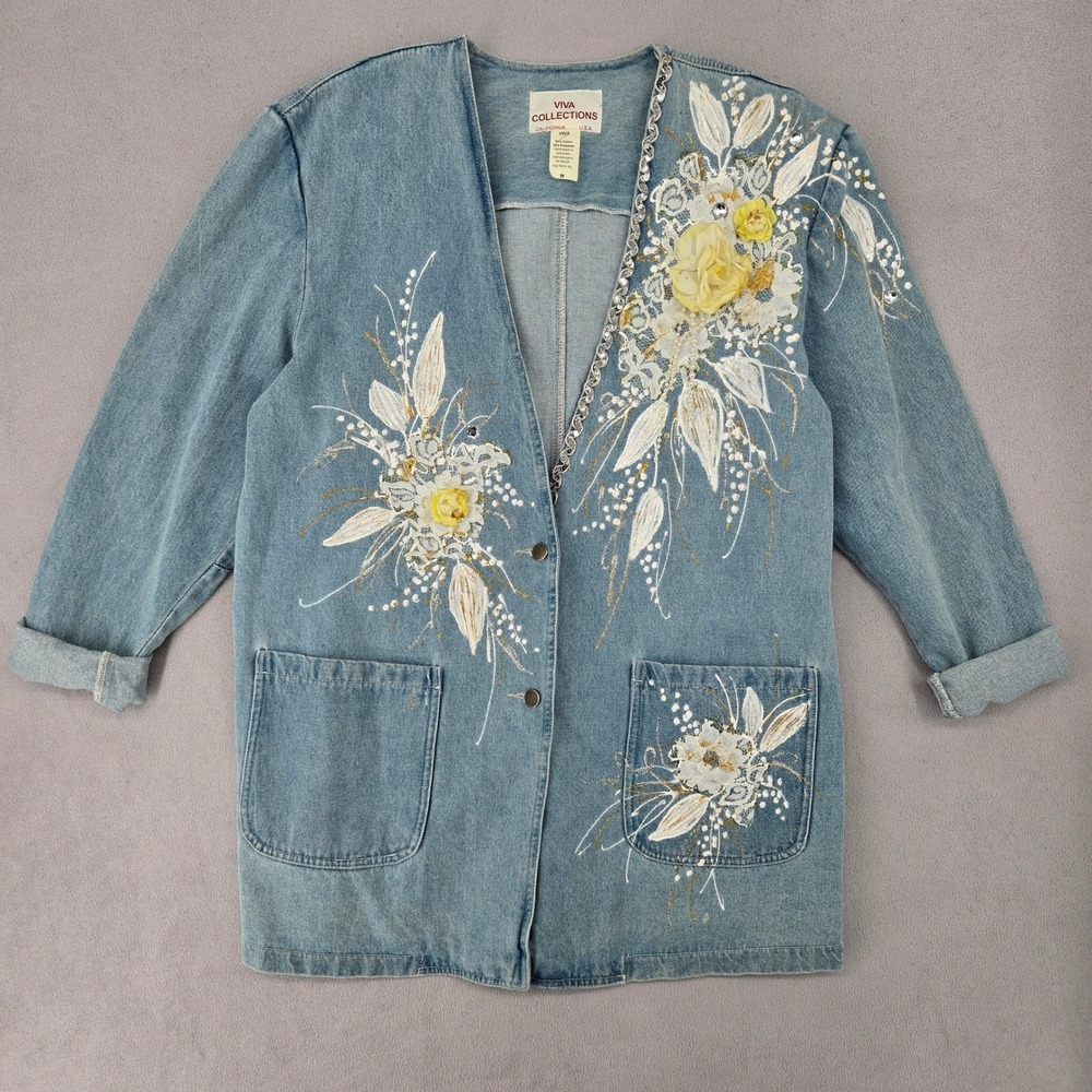 Vintage 80s 90s Viva Collections Embellished Denim Jacket Floral Appliqué MEDIUM
